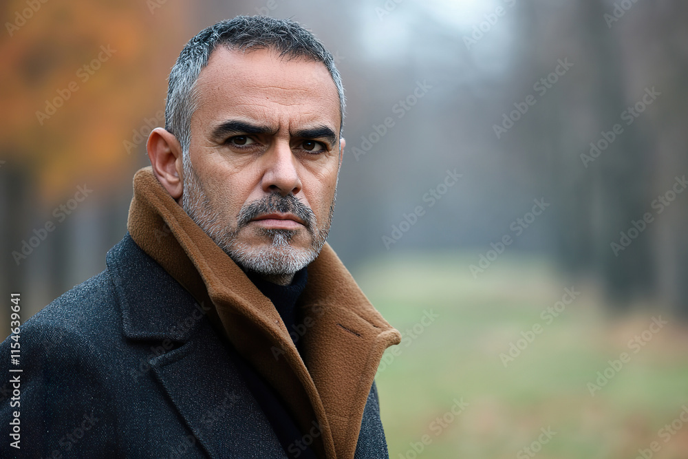 Fototapeta premium French Man in a dark coat with a serious expression walking through a foggy park in autumn