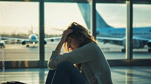 Sad (tired) woman sitting in the airport - missed or cancelled flight concept.