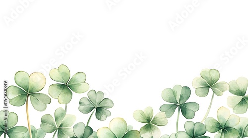 Watercolor shamrocks border, green leaves, nature.