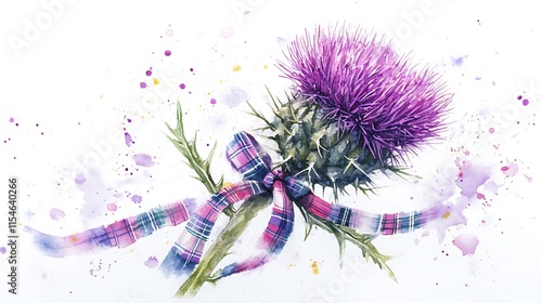 Watercolor thistle with plaid ribbon.