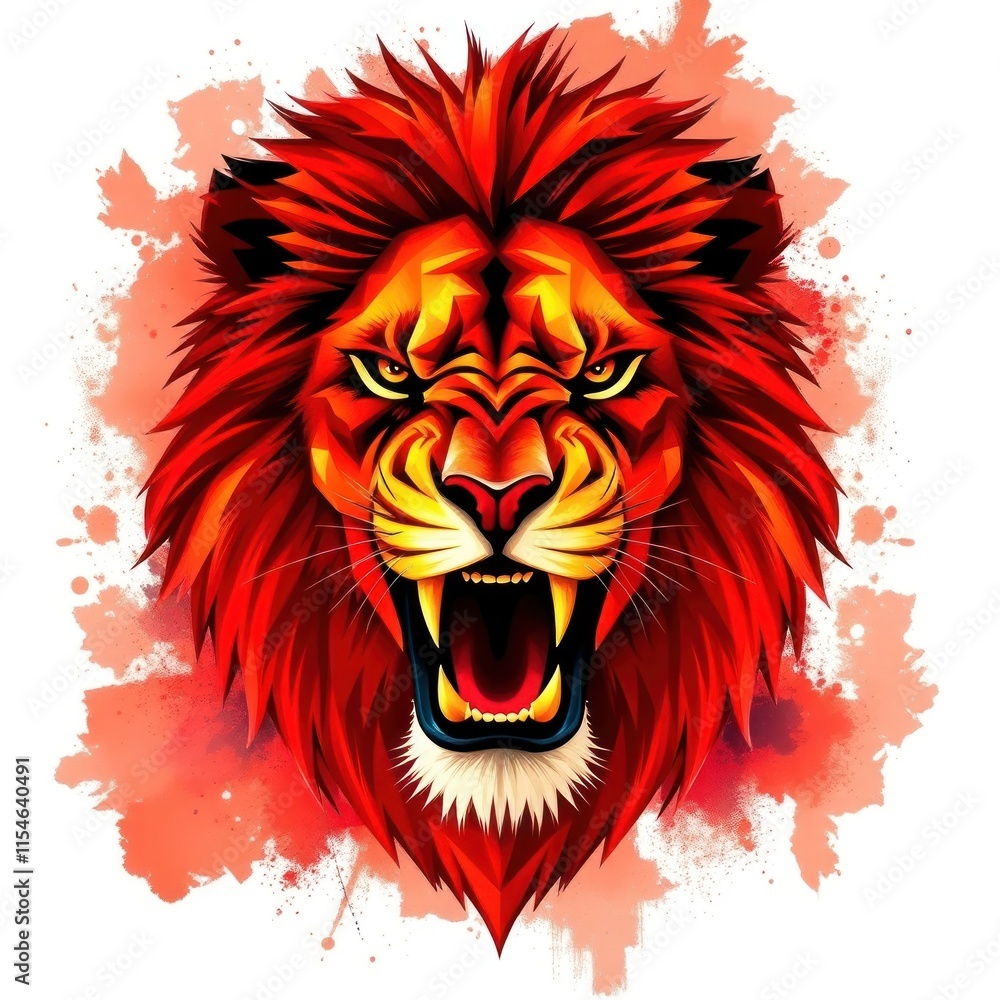 Obraz premium A vibrant, stylized illustration of a roaring lion's head with dynamic colors and splashes.