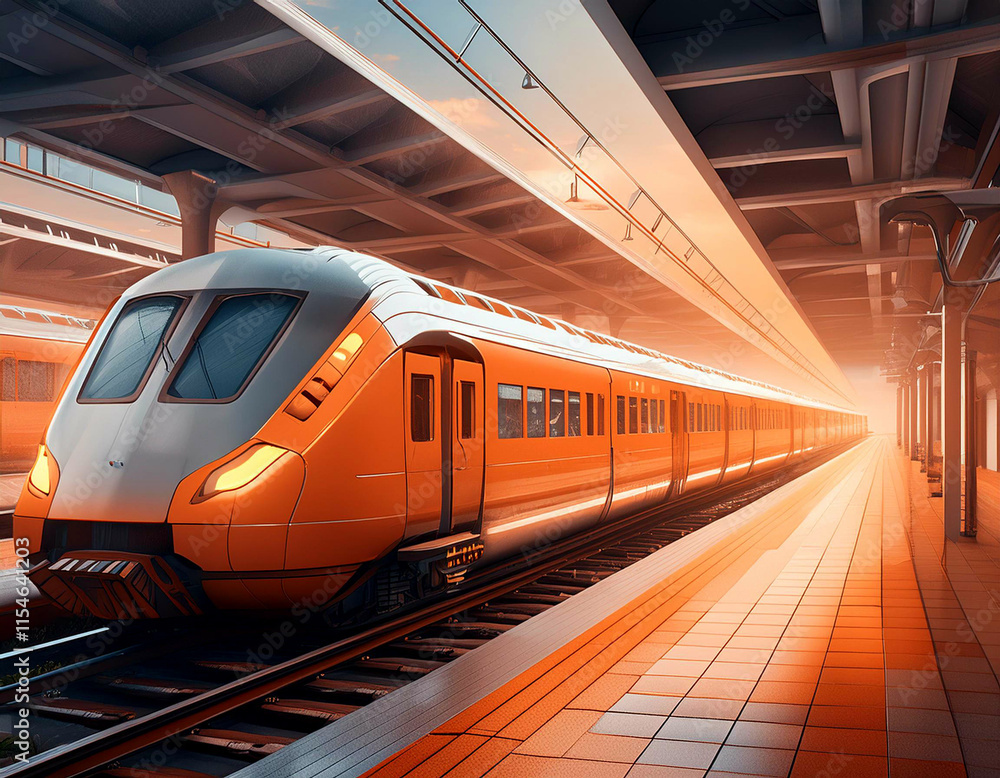 Fototapeta premium ゲーム背景 未来的な特急列車が走る夕焼けの停車駅