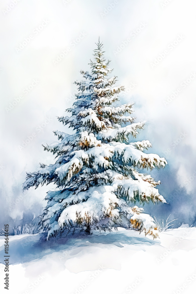 Snow covered evergreen tree in wintery landscape with soft blue background Snow covered evergreen tree in wintery landscape with soft blue background