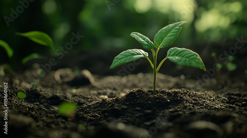 Fototapeta Naklejka Na Ścianę i Meble -  New sprout emerges from rich soil, symbolizing growth and potential in a vibrant forest environment.