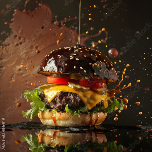 A tasty cheeseburger with lettuce, tomato, onion, and sesame bun, isolated on a white background photo