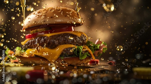 A tasty cheeseburger with lettuce, tomato, onion, and sesame bun, isolated on a white background photo