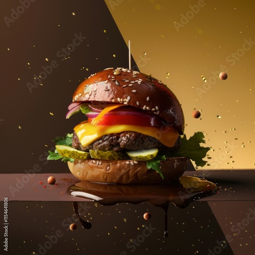 A tasty cheeseburger with lettuce, tomato, onion, and sesame bun, isolated on a white background photo