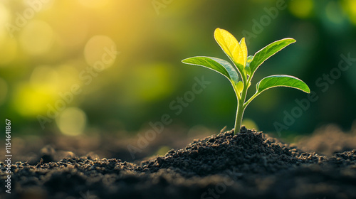 New plant sprouting in rich soil during golden hour sunlight, showcasing the beauty of growth in nature.