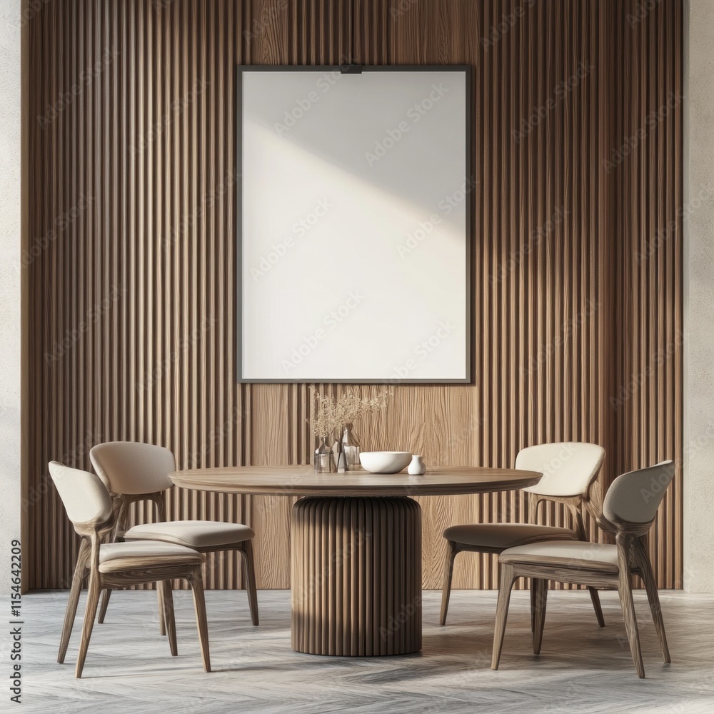 Modern dining room with wooden table, chairs, and wall paneling. Modern dining room with wooden table, chairs, and wall paneling.