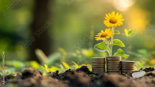 Growth of flowers from piles of coins under sunlight in a lush outdoor setting emphasizing nature and wealth.