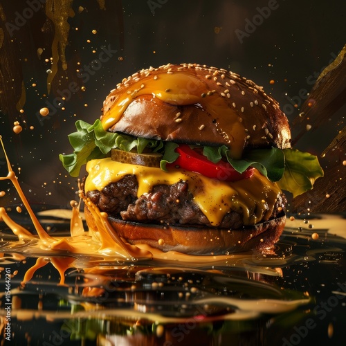 A tasty cheeseburger with lettuce, tomato, onion, and sesame bun, isolated on a white background photo