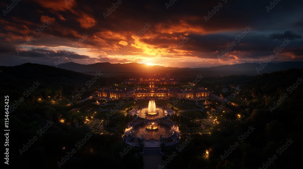 Fototapeta premium Sunset over the Illuminated Palace and Gardens