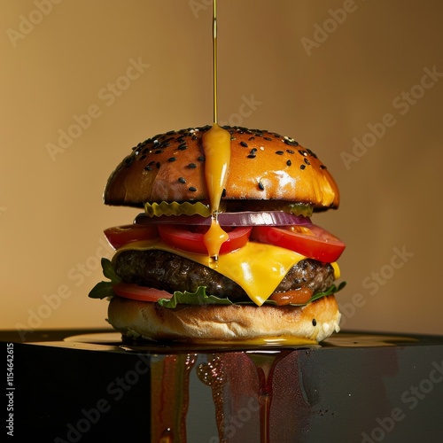 A tasty cheeseburger with lettuce, tomato, onion, and sesame bun, isolated on a white background photo