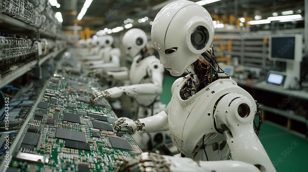 Robots assembling electronics in a modern industrial setting. Robots assembling electronics in a modern industrial setting.