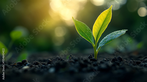 Young plant sprouts from rich soil under warm sunlight in a tranquil garden setting.