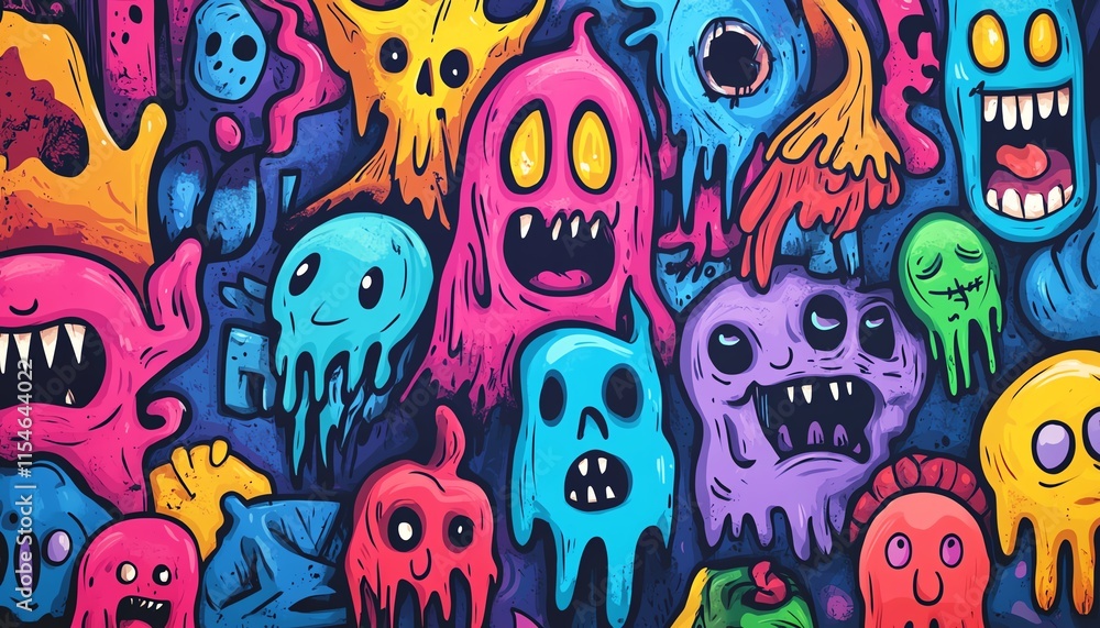 Abstract graffiti of handdrawn cartoon monsters, ghosts, and bizarre beings in a dynamic doodle pattern, colorful and eccentric style Abstract graffiti of handdrawn cartoon monsters, ghosts, and bizarre beings in a dynamic doodle pattern, colorful and eccentric style