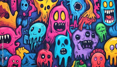 Abstract graffiti of handdrawn cartoon monsters, ghosts, and bizarre beings in a dynamic doodle pattern, colorful and eccentric style