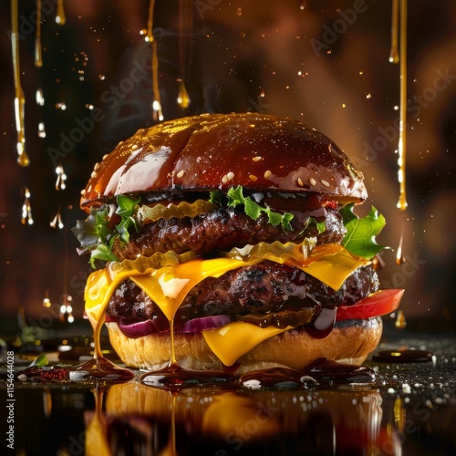 A tasty cheeseburger with lettuce, tomato, onion, and sesame bun, isolated on a white background photo