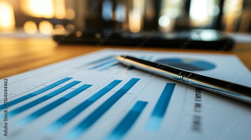 Fototapeta premium Business report analysis with graphs and a pen on a wooden table during daylight hours.