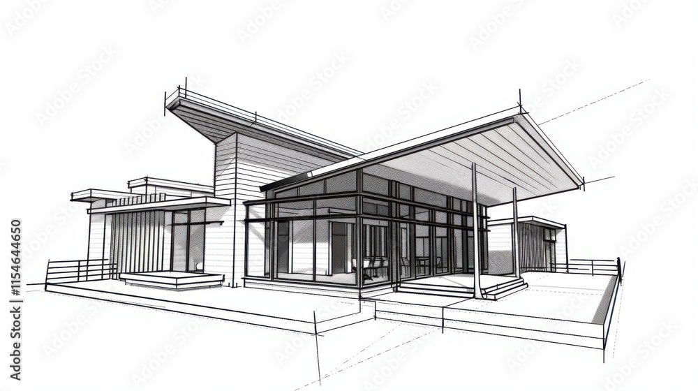 Architectural 3D wireframe, sketch design, vector graphics Architectural 3D wireframe, sketch design, vector graphics