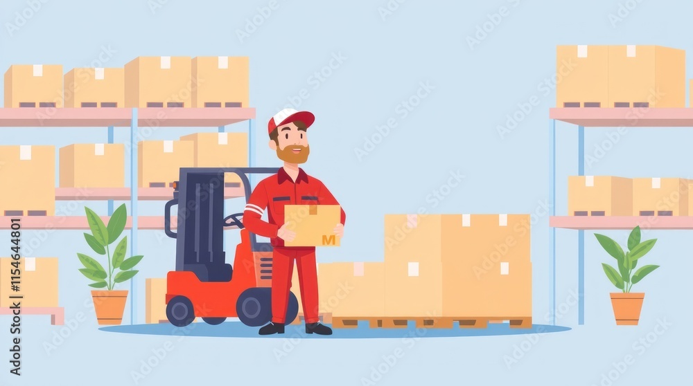A warehouse worker handling a box with a forklift and shelves of packages in the background. A warehouse worker handling a box with a forklift and shelves of packages in the background.