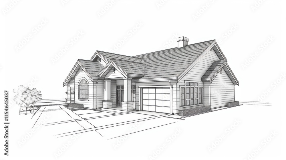 Architectural 3D wireframe, sketch design, vector graphics Architectural 3D wireframe, sketch design, vector graphics