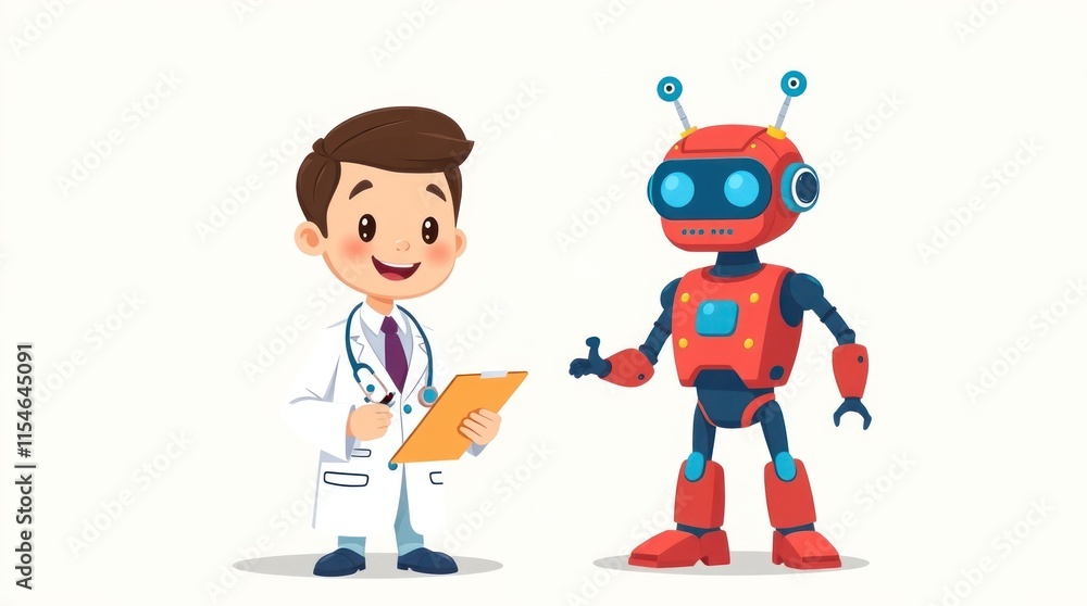A cheerful doctor and a friendly robot, showcasing a blend of healthcare and technology. A cheerful doctor and a friendly robot, showcasing a blend of healthcare and technology.