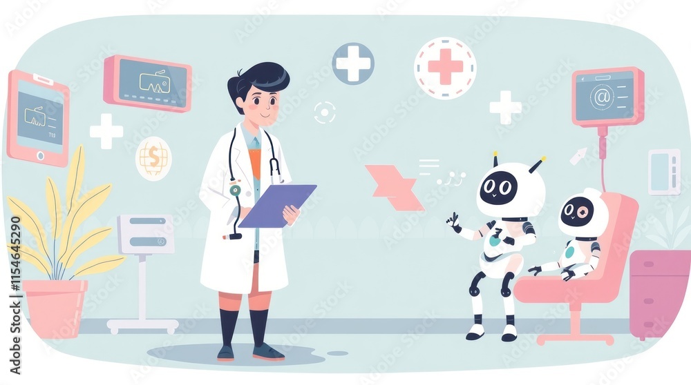 A doctor interacts with two robots in a futuristic medical setting.