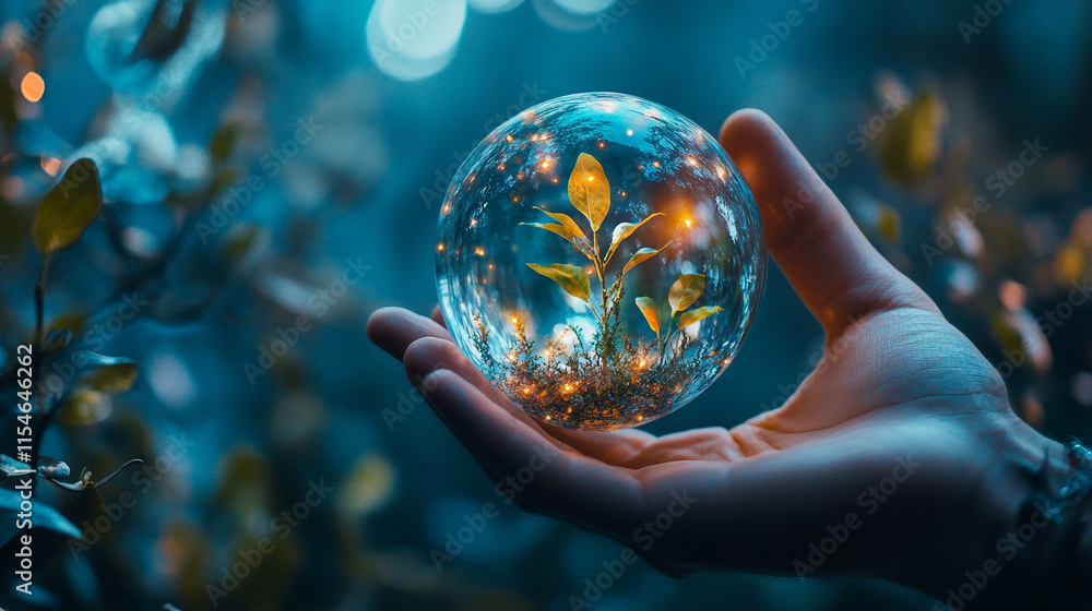 Captivating moment of holding a luminous glass orb with a plant inside, symbolizing life and growth in a mystical forest setting. Captivating moment of holding a luminous glass orb with a plant inside, symbolizing life and growth in a mystical forest setting.