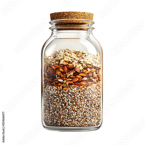 A glass jar filled with various healthy grains and seeds, showcasing vibrant layers and textures for culinary inspiration.,transparent background photo