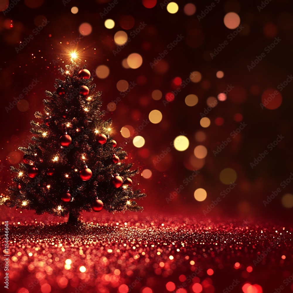 A Majestic Christmas Tree Glowing in Red Glitter A Majestic Christmas Tree Glowing in Red Glitter