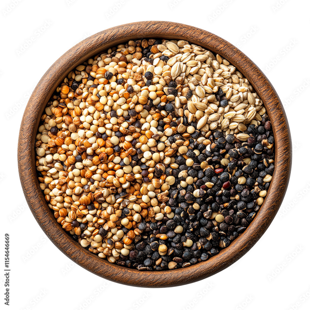 A vibrant assortment of mixed seeds in a wooden bowl, showcasing natural colors and textures perfect for culinary use.,transparent background A vibrant assortment of mixed seeds in a wooden bowl, showcasing natural colors and textures perfect for culinary use.,transparent background