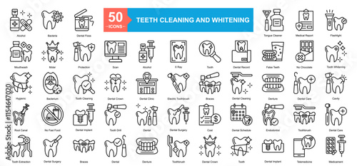 Teeth Cleaning And Whitening Icon Sheet Tooth Extraction, Dental Surgery, Braces, Dental, Denture, Toothbrush, Dental Crown, Tooth, Dental Implant, Telemedicine, Root Canal, No Fast Food, Denal
