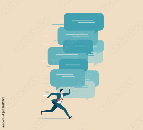 A vector illustration of a businessman running away from multiple speech bubbles representing overwhelming communication, stress, or information overload in the workplace