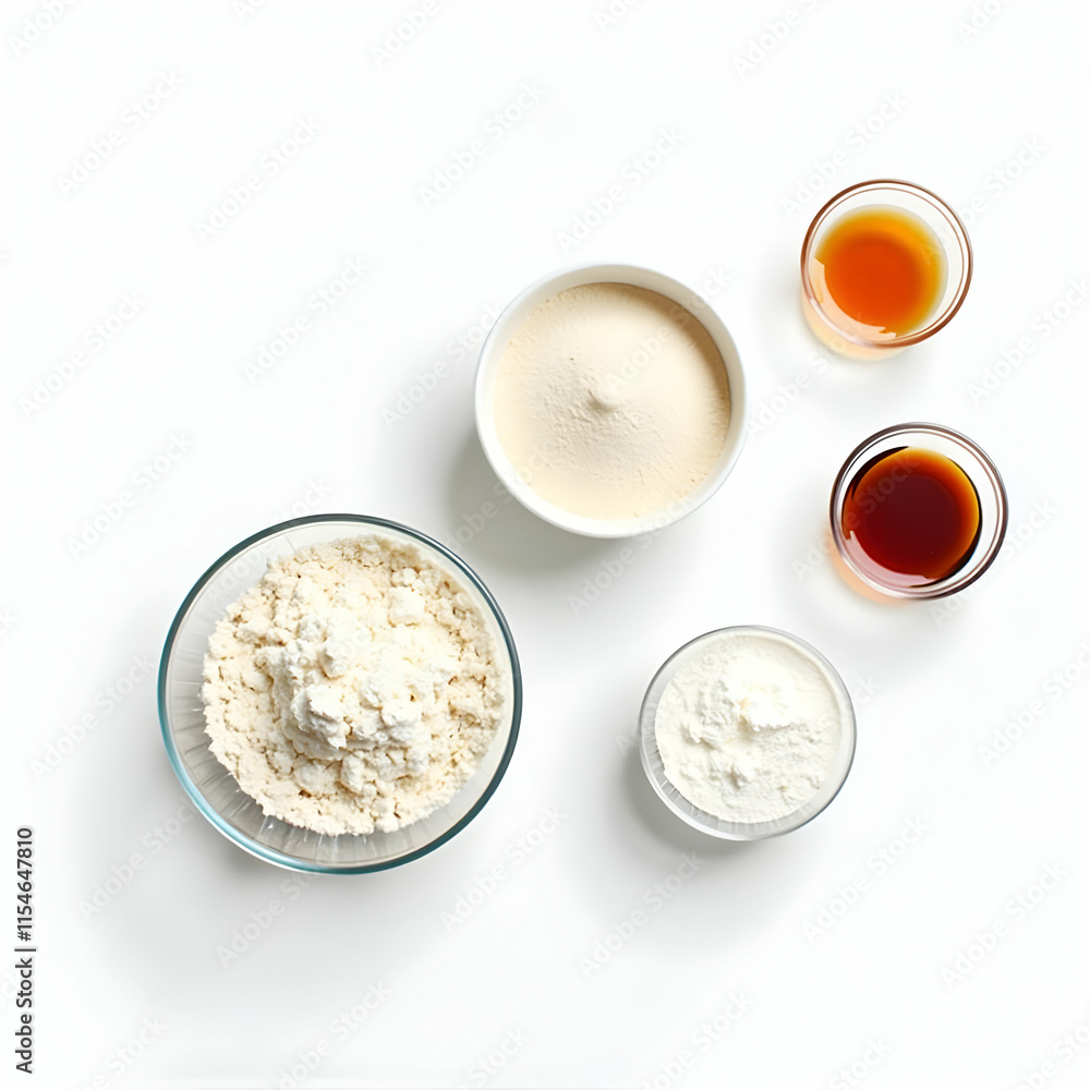 Sweet baking delights await! Flour, sugar, and extracts are ready to be transformed into delicious treats. Let's bake! Sweet baking delights await! Flour, sugar, and extracts are ready to be transformed into delicious treats. Let's bake!