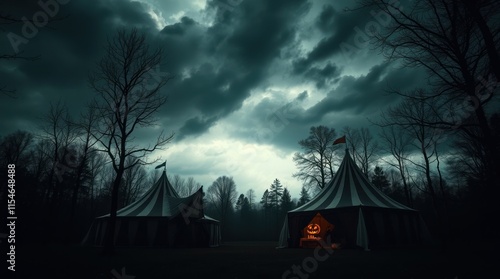A dark, eerie circus scene with tents and a glowing pumpkin under ominous clouds.
