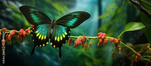 Stunning Green Swallowtail Butterfly Perched on Vibrant Tropical Plant in Lush Rainforest Environment photo