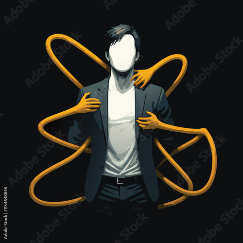 Surreal vector of a faceless man surrounded by multiple orange hands, symbolizing manipulation, control, or inner struggle. Perfect for themes of identity, mental health, and psychological concepts.