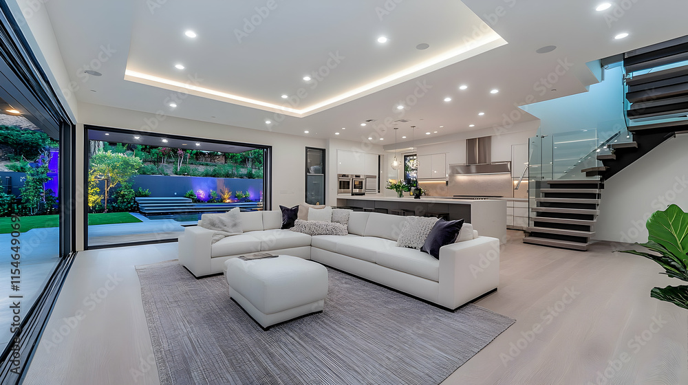 A high-angle view of a newly remodeled basement featuring modern features like a gray-toned wood-look floor and a large white sectional sofa A high-angle view of a newly remodeled basement featuring modern features like a gray-toned wood-look floor and a large white sectional sofa