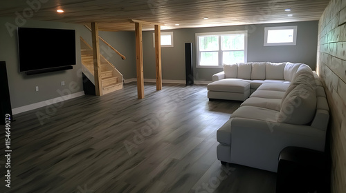 Wallpaper Mural A high-angle view of a newly remodeled basement featuring modern features like a gray-toned wood-look floor and a large white sectional sofa Torontodigital.ca