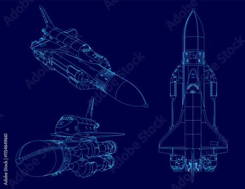 Blue drawing of a space shuttle. The drawing is in blue and is of a three-dimensional model