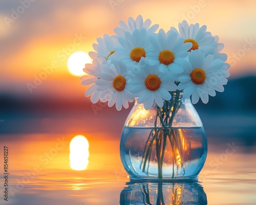 A bouquet of white daisies in a glass vase with water, with a tranquil sunset background, perfect for femininethemed social media and card designs photo