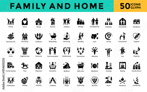 Family and Home icons set with family, home, house, parents, children, siblings, grandparents, relatives, household, residence icon. Simple glyph vector 
