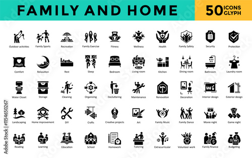 Family and Home icons set with outdoor activities, family sports, recreation, family exercise, fitness, wellness, health, family safety, security, protection icon. Simple glyph vector 
