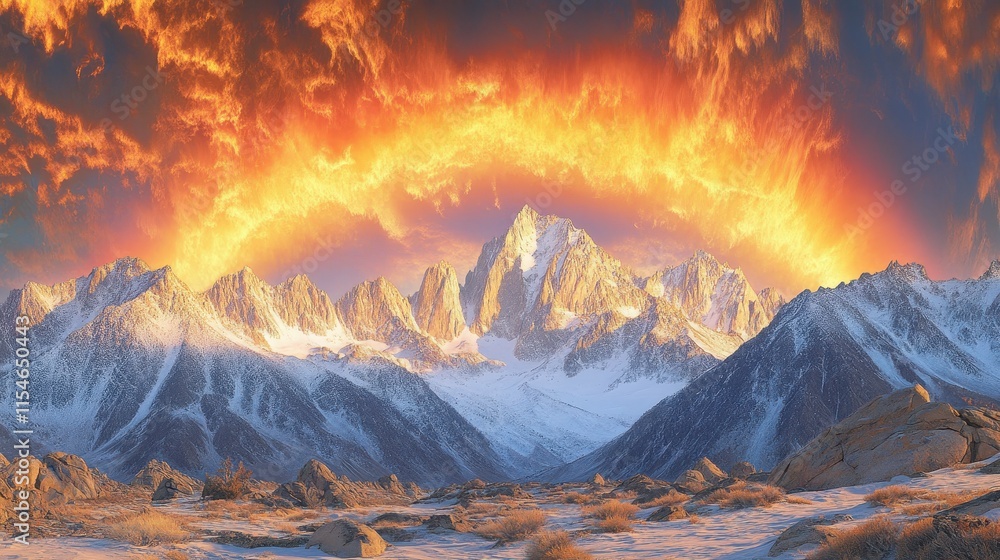 Fototapeta premium Fiery sunset over snow-capped mountains.