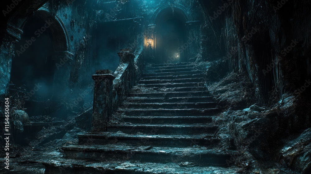 Fototapeta premium A dimly lit staircase in a decaying, atmospheric setting evokes mystery and intrigue.