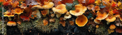 forest mushrooms growing on the forest floor, vibrant colors, surrounding moss and fallen leaves, serene natural scene photo