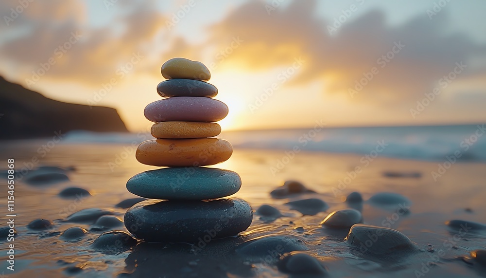 Brightly colored stones in a perfect stack on a sunlit beach, golden sky at dawn enhancing themes of life balance and wellness Brightly colored stones in a perfect stack on a sunlit beach, golden sky at dawn enhancing themes of life balance and wellness