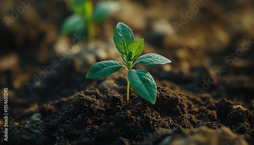 green sprout growing from healthy earth, vibrant plant growth, rich soil, ecofriendly future, environmental awareness theme