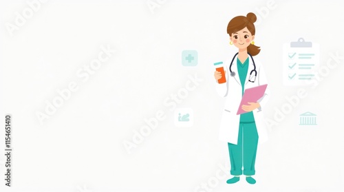 A cartoon-style female doctor holding a prescription bottle and a clipboard.